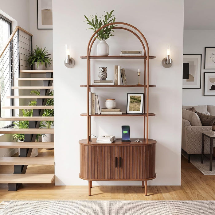 71" Mid Century Modern Arched Bookshelf with Cabinet, Walnut | 4-Tier Tall Bookcase with Sliding Tambour Doors, Freestanding Storage Organizer Book Shelf for Living Room, Home Office