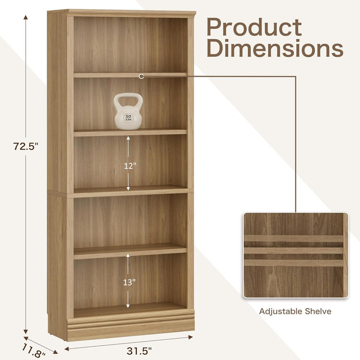 Oak 72.5-Inch Tall Bookshelf With Adjustable Shelves