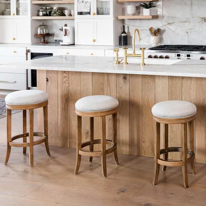 Eva 31 Inch Tall Bar Height Rotating Backless Barstool in Weathered Oak Finish with Sand Color Fabric Upholstered Seat