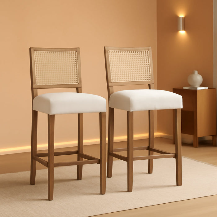 Counter Height Bar Stools Set of 2 Farmhouse Barstools with Rattan Back Linen Upholstered Bar Chairs Mid Century Wood Breakfast Bar Stool Chairs for Kitchen Island, 30 Inch Beige