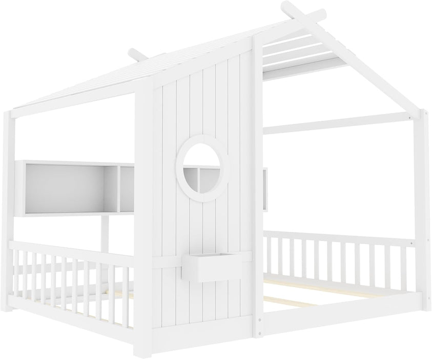 White Full Size Floor Bed Playhouse StorageShelves