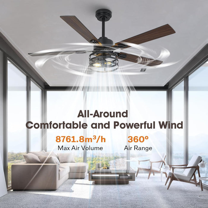 52" Farmhouse Ceiling Fans with Lights and Remote, Outdoor Ceiling Fan Dual Finish 5 Blades 6-Speed Quiet and Reversible DC Motor, Ceiling Fan with Light for Bedroom Living Room and Patio