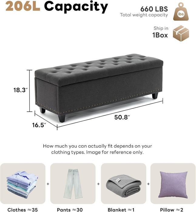 50.8“ Large Ottoman Storage Bench for Bedroom, Oversized Tufted Upholstered Entryway Benches End of Bed, Rectangle Dorm Foot Stool with Safety Hinge & Solid Wood Legs, Loads 660 Lb, Gray
