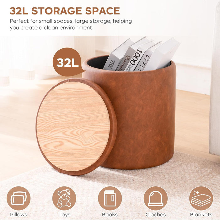 Round Ottoman with Storage Set of 2, 12.6"W X 14.17"H & 14.76"W X 17.32"H Faux Leather Button Tufted Storage Ottoman, Boucle Vanity Stool Footrest Coffee Table for Living Room, Bedroom, Brown