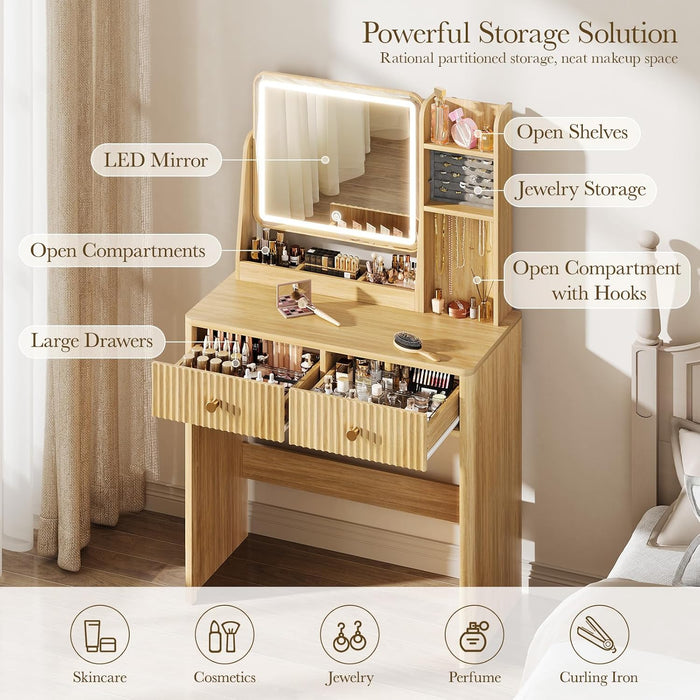 Fluted Vanity Desk with Mirror and Lights, Small Makeup Vanity with 2 Drawers and Jewelry Storage Cabinet, 3 Lighting Modes Adjustable Brightness, Dressing Table for Bedroom - Natural Oak