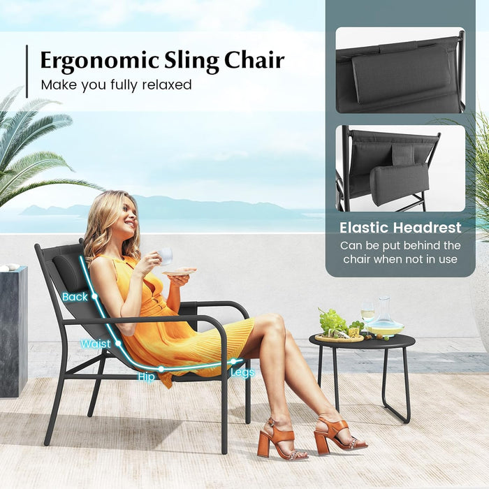 3 Piece Outdoor Bistro Set, Patio Metal Chair & Coffee Table, Breathable Seat Fabric & Cozy Headrest, Metal Conversation Set for Yard, Front Porch, Poolside (Gray)