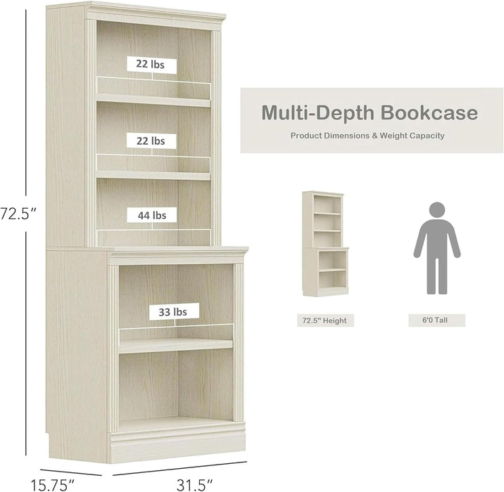 Halston Multi-Depth Bookcase, Adjustable Storage Open Display Shelving Unit for Home and Office Space, 31.5”L X 15.75”W X 72.8”H, Cream