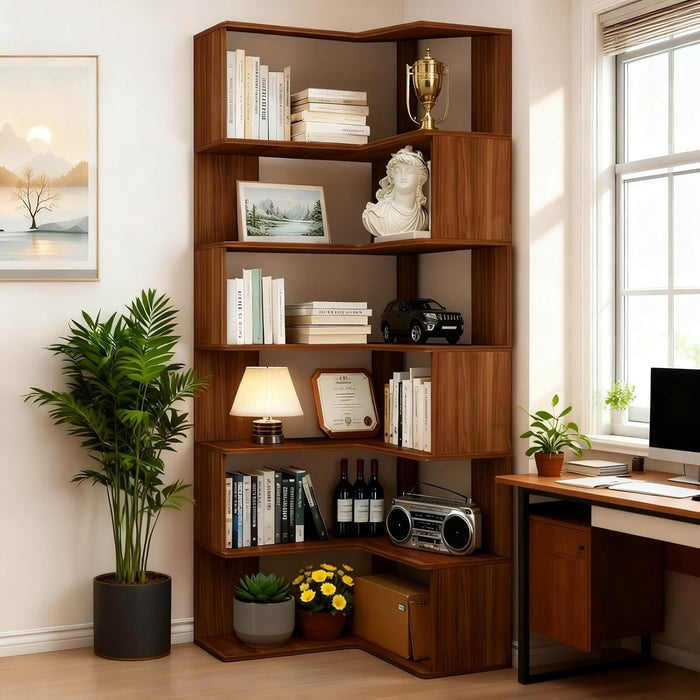 Corner Bookshelf, 6 Tier Corner Bookcase Tall,78.7" L Shaped Bookshelf, Walnut Corner Shelf for Home Office, Living Room,Bedroom
