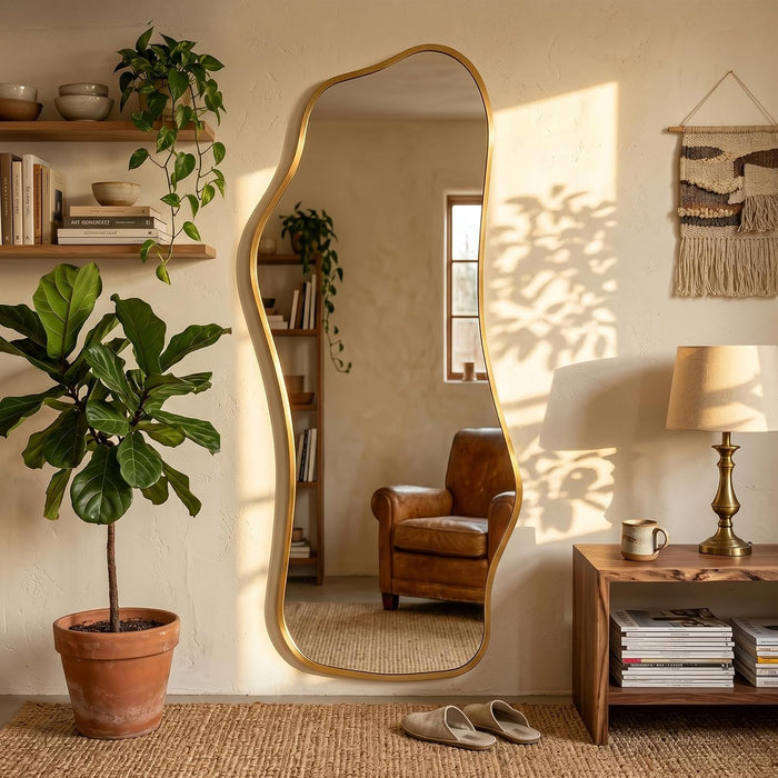 Irregular Full Length with Stand-Standing Leaning Hanging 62.2"X22.8" Gold Asymmetrical Aluminum Frame Decorative Full Body Mirror for Living Room,Bedroom,Cloakroom,Entryway