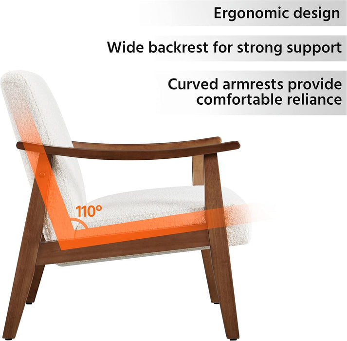 Fabric Accent Chair, Mid-Century Modern Armchair with Solid Wood Legs, Reading Leisure Chair with High Back for Living Room Bedroom Waiting Room, Set of 2, Ivory