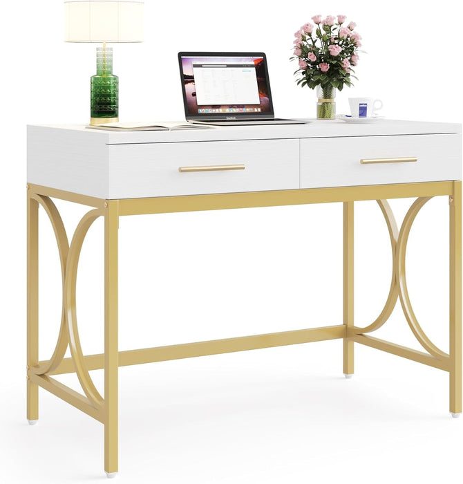 Modern Computer Desk with 2 Drawers, 41 Inches Study Writing Office Desk for Home Office, Bedroom, Makeup Vanity Table Desk with Gold Metal Frame, White & Gold
