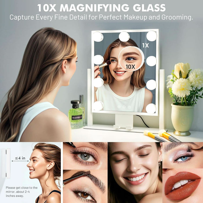 Lighted Makeup Mirror, Hollywood Vanity Mirror with Lights, Three Color Modes, with Detachable 10X Zoom Mirror, Smart Touch Control, Metal Frame, 360° Rotation（14.1In,White）