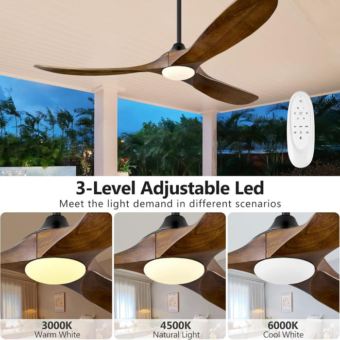 52 Inch Ceiling Fans with Lights and Remote Control, Outdoor Ceiling Fan with Light 3 Blades Propeller Solid Wood Ceiling Fan for Indoor Bedroom Living Room, Walnut Wood