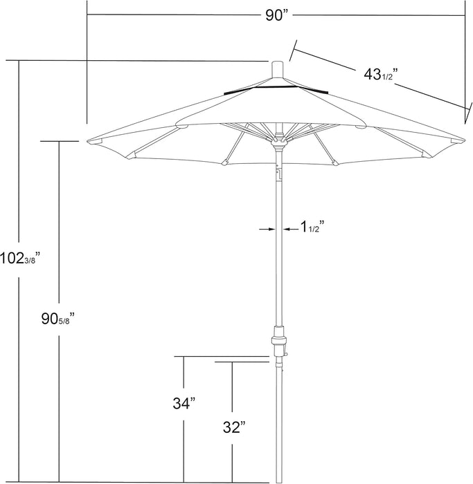 7.5' round Crank Lift, Collar Tilt, Aluminum Pole, Fiberglass Rib Patio Umbrella, Bronze Finish