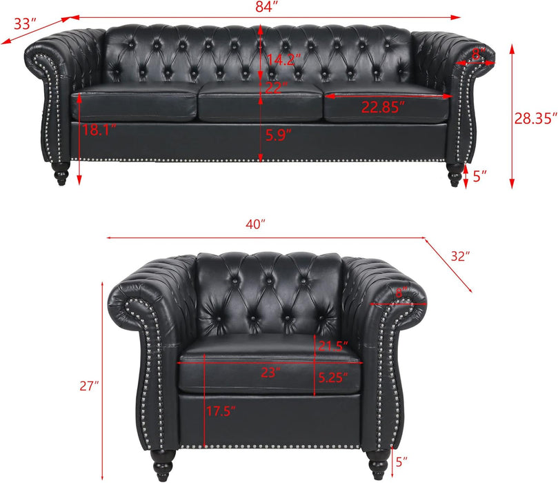 Modern 2 Pieces Living Room Sofa Set, Contemporary Tufted Button Faux Leather Chesterfield Three-Seater Couch and Accent Club Chair with Nailhead Trim Scroll Arms for Home Furniture (Black)