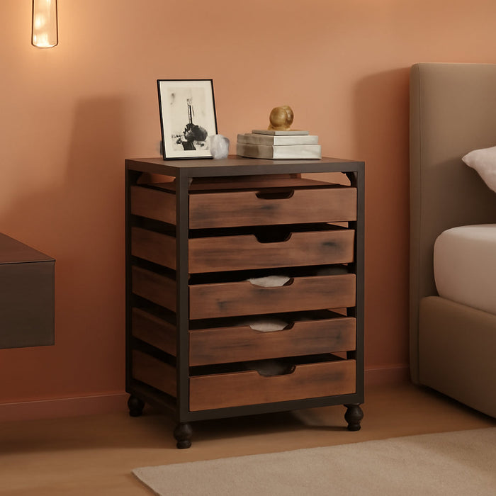 5 Drawer Chest, Wood Storage Dresser Cabinet with Wheels, Industrial Storage Drawer Organizer Cart for Office Bedroom Entryway (Rustic Brown, 1 PC)