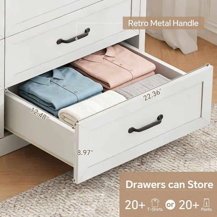 Farmhouse 6 Drawer Dresser for Bedroom, 47" W Modern Chest of Drawers with Metal Handles, Wood Dresser TV Stand, Dresser Drawer Organizer for Closet, Living Room,Hallway,White