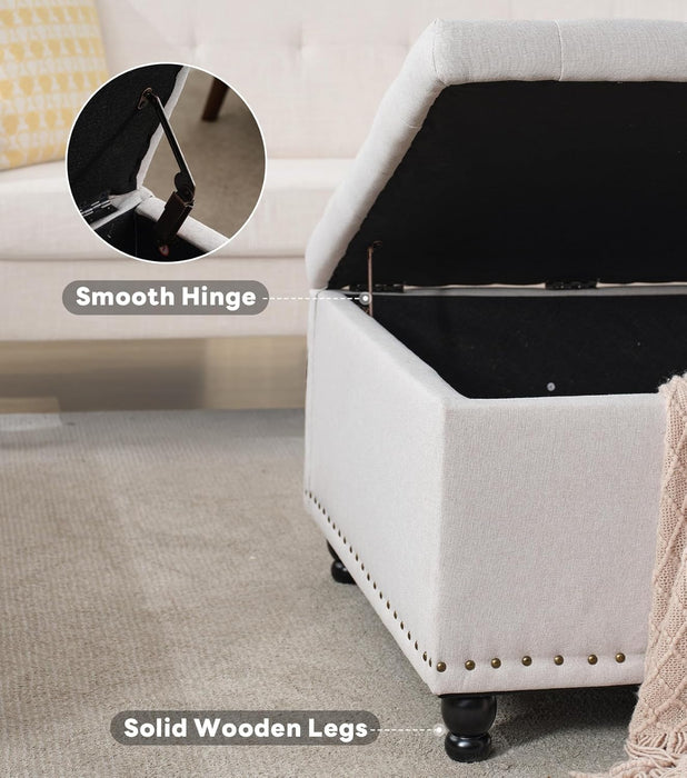 30" Large Square Ottoman Coffee Table with Storage, Oversized Tufted Upholstered Ottomans Bench with Solid Wood Legs for Living Room, Dorm, Linen Foot Stool for Couch Sofa Toy Box, Beige