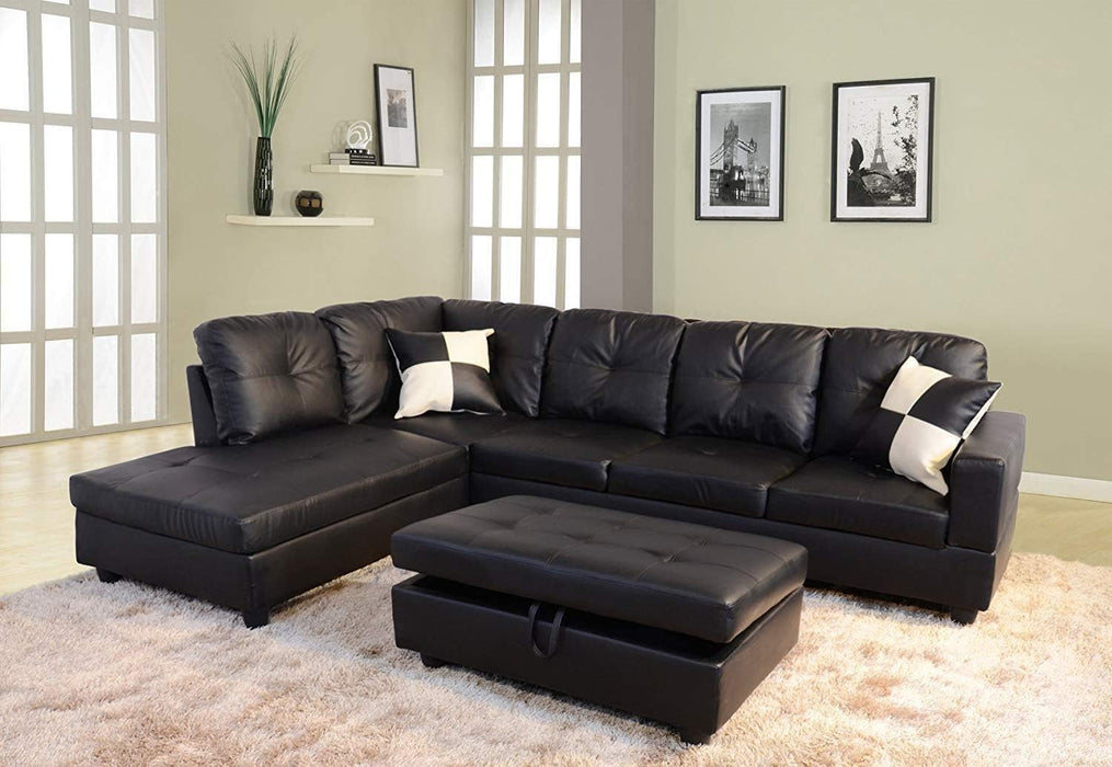 Sectional Sofa, L-Shape Faux Leather Sectional Sofa Couch Set with Chaise, Ottoman, 2 Toss Pillow Using for Living Room Furniture.（Black）