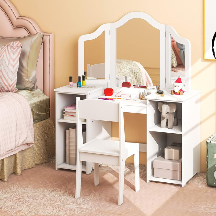 Kids Vanity, 2 in 1 Princess Makeup Desk & Chair Set with Detachable Tri-Folding Mirror, Storage Shelves, Wooden Toddler Vanity Dressing Table, Vanity Set for Little Girls (White)