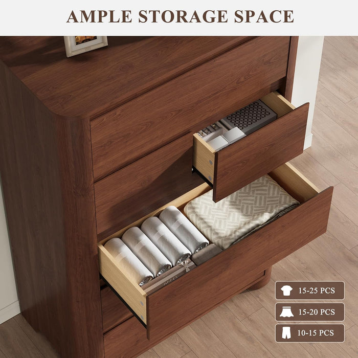 Walnut Dresser for Bedroom with 6 Drawers, 48" Tall Modern Chest of Drawers with Unique Thickened Foot, Rounded Corner Design, Wooden Dresser Organizer for Bedroom, Living Room, Hallway