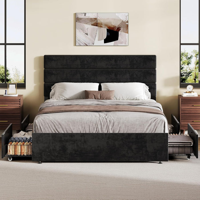 Full Size Upholstered Bed Frame with 4 Storage Drawers and Headboard, Velvet Platform Bedframe, Sturdy Metal & Wooden Slats Support, No Box Spring Needed, Easy Assembly, Black