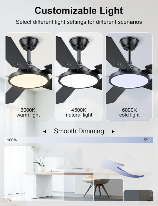 Ceiling Fans with Lights, 52 Inch Ceiling Fan with Light and Remote/App Control, 3CCT, Quiet DC Reversible, Dimmable, Modern Ceiling Fan for Bedroom, Living Room, Kitchen, Indoor/Outdoor Use