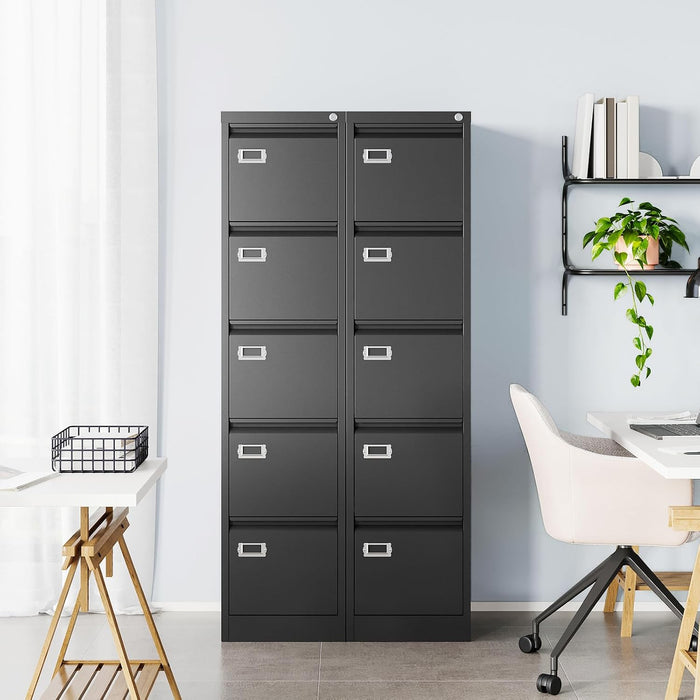 5 Drawer File Cabinet, Black Vertical Filing Cabinets with Lock, Home Office File Folders Storage Cabinet for Letter Legal File Size.