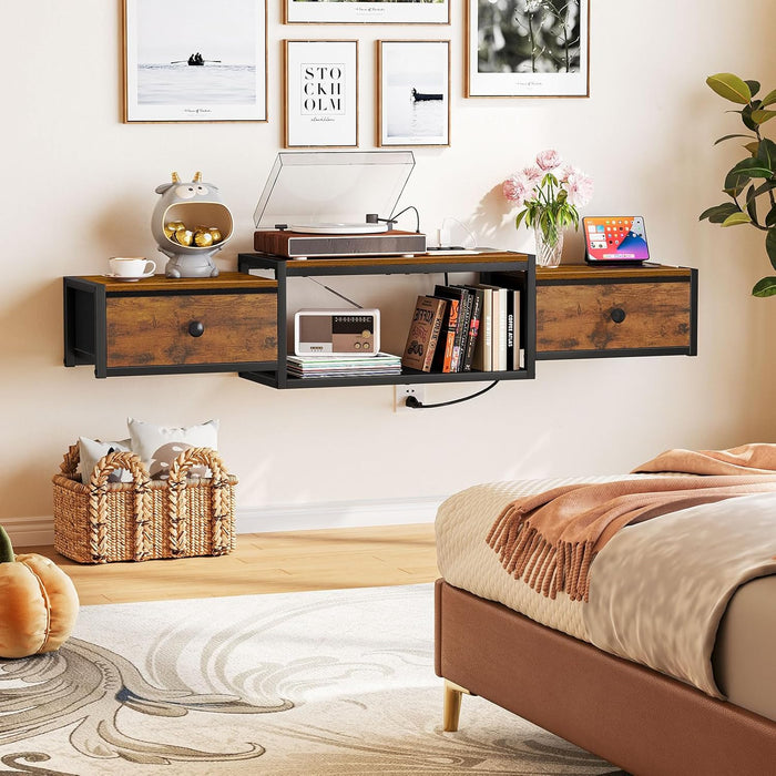 Floating TV Stand with Power Outlet 55", Wall Mounted Entertainment Center with LED Lights, Floating TV Shelf with Drawer, Wall Mounted Media Console Shelf for Living Room, Bedroom