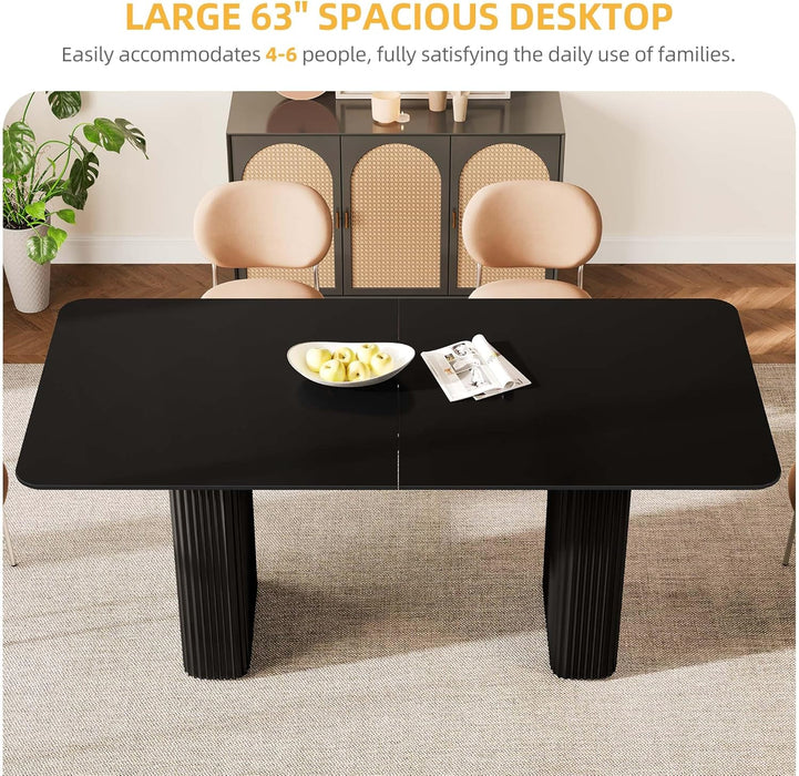 63'' Dining Table for 4-6 People Modern Rectangular Kitchen Table with Solid Wave Curved Legs Large Cream Black Dinner Table for Dining Room Kitchen Home Office Apartment Office Black