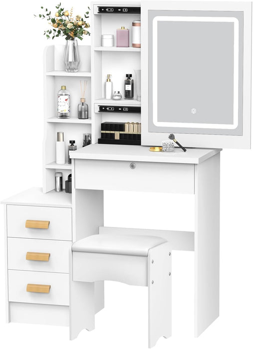 White Vanity Desk With Mirror Lights StorageDrawers