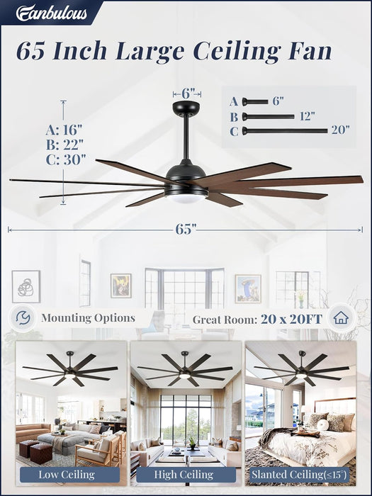 65 Inch Ceiling Fans with Lights and Remote, Black Indoor/Outdoor Ceiling Fan with Quiet Reversible DC Motor, 6 Speeds, 3CCT, 8 Blades Large Ceiling Fan for Living Room Bedroom Patio