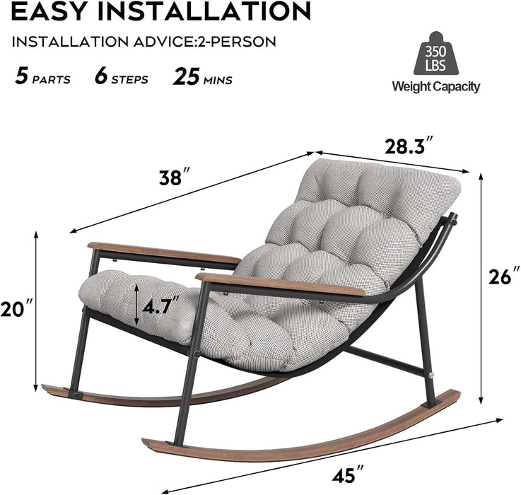 Papasan Rocking Chair with Armrest Outdoor Indoor,Heavy Duty Metal Outdoor Rocking Chair with Cushion,All-Weather Patio Lounge Chair for Balcony,Garden,Living Room (1Pcs)