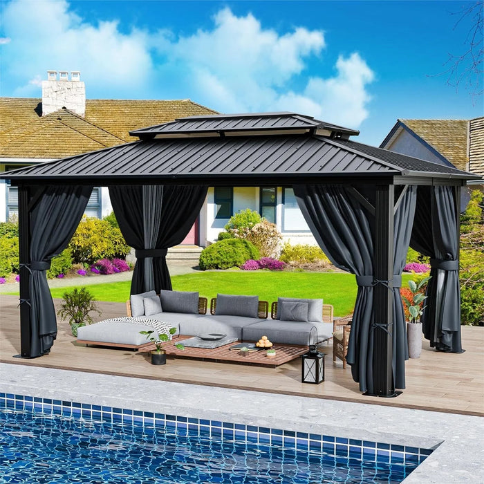 Hoteel 10X12 Hardtop Gazebo with Heavy Duty Galvanized Steel Double Roof, Flame-Resistant Curtains and Netting, Outdoor Gazebo with Aluminum Frame Permanent Gazebo for Backyard, Patio and Lawn,Black