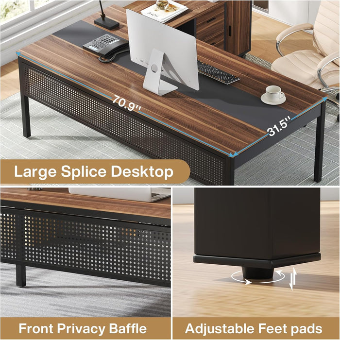 70.8" Large Executive Office Desk and 47" Lateral File Cabinet Combo, L-Shaped Computer Desk 2 Piece Business Furniture with Drawers and Shelves, Home Office Workstation, Walnut