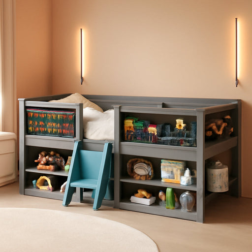 Low Loft Bed with LED Lights, Wooden Twin Size Loft Bed with Ladder & Blackboard, Twin Bed Frames for Kids with Storage 2 Bookcases and Play Space, Grey