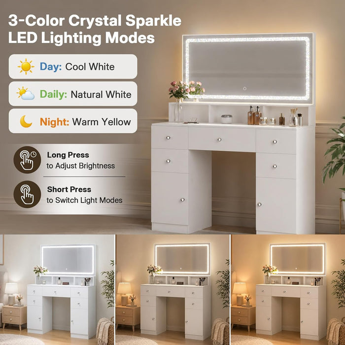 45" Large Makeup Vanitys with Mirror & Lights,Big Vanity Desk with 2 Side Shelves & Adjustable Brightness 3 Color Crystal Sparkle Led,Charging Station,26 Storage Areas for Girls Women White