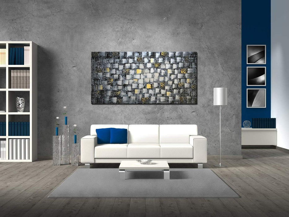 Large Thick Abstract Dark Silver Add Golden Square Wall Art Hand Painted Artwork Textured Oil Painting on Canvas Framed Ready to Hang 60X30Inch