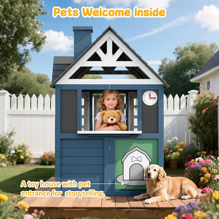 Kids Playhouse Outdoor,Cedar Gray Wooden Play House for Kids Ages 3-8,Interactive Doorbell, Kitchen Counter with Utensils, Sink, Window Boxes for Flowers (Blue)