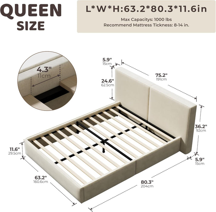 Cloud Queen Platform Bed Frame with Plush Headboard 6-Inch, Easy Assembly, Noise-Free Stability (Beige, Queen (U.S. Standard))