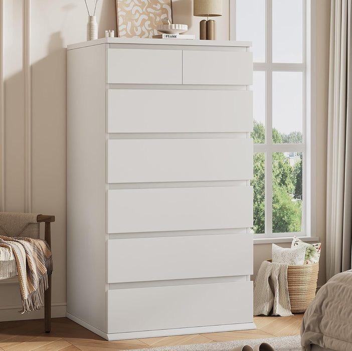 White Tall 7 Drawer Dresser for Bedroom, Modern Wood Closet Dressers & Chests of Drawers with Jewelry Storage, 23.6" L*15.8" W*47.5" H in Large Vertical Dresser for Bedroom, Living Room, Nursery