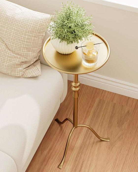 Brass Distressed Iron round Pedestal End Table, 25 Inch Vintage Martini Cocktail Accent Table with Tray Top for Living Room, Bedroom (Gold)