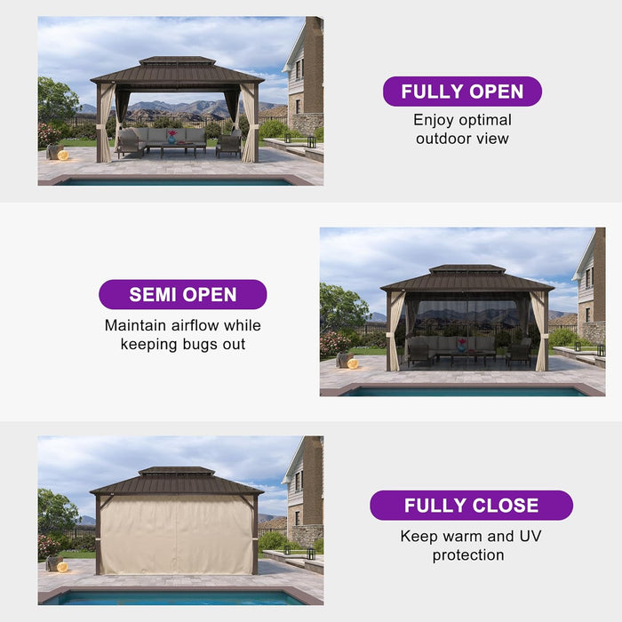 10’ X 14’ Outdoor Hardtop Gazebo Metal Frame Galvanized Steel Double Roof with Curtains and Nettings for Patio Desk Backyard Bronze