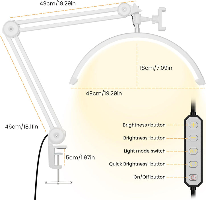 3000 Lm Adjustable LED Half Moon Light with Clamp & Task Lamp - Bright, Dimmable Lighting for Office, Crafts, Nails &Salon, Remote Control (Cct，White)