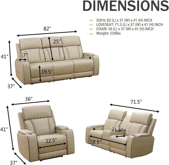 Power Reclining Sofa Set, Living Room Furniture Set with USB Ports, Leather Recliner Couches Set for Living Room/Apartment/Office/Home Theather (Khaki, Sofa+Loveseat+Chair)