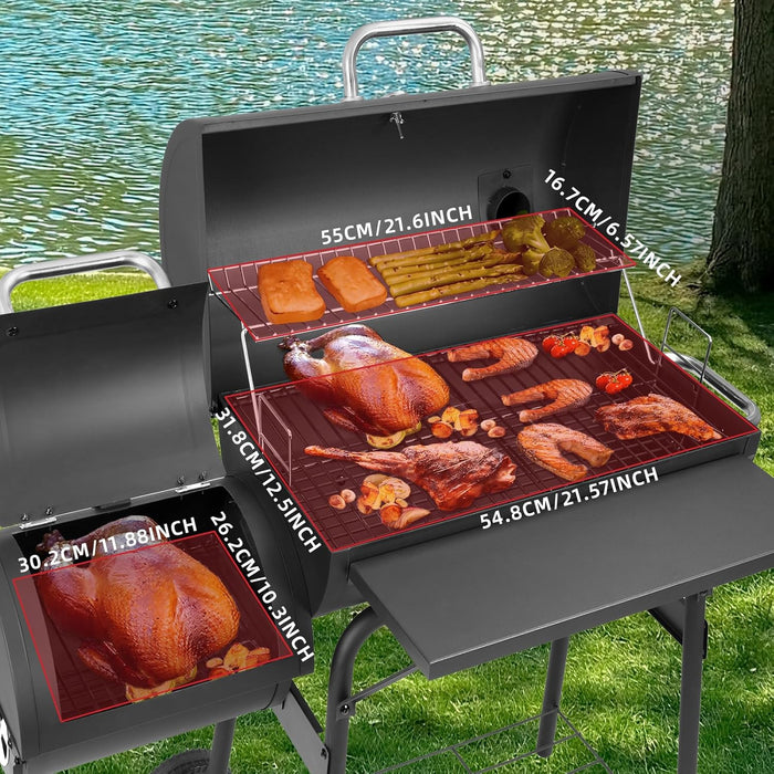 Barrel Charcoal Grill with Offset Smoker,550 Square Inches Cooking Area, Outdoor BBQ Grill with Front Shelf, Perfect for Backyard, Patio Parties and Picnics.