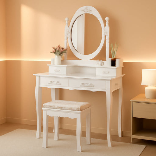 Vanity Table Set with 4 Drawer,Makeup Dressing Table W/Cushioned Stool,Girls Women Bedroom Furniture Set Oval Mirror White