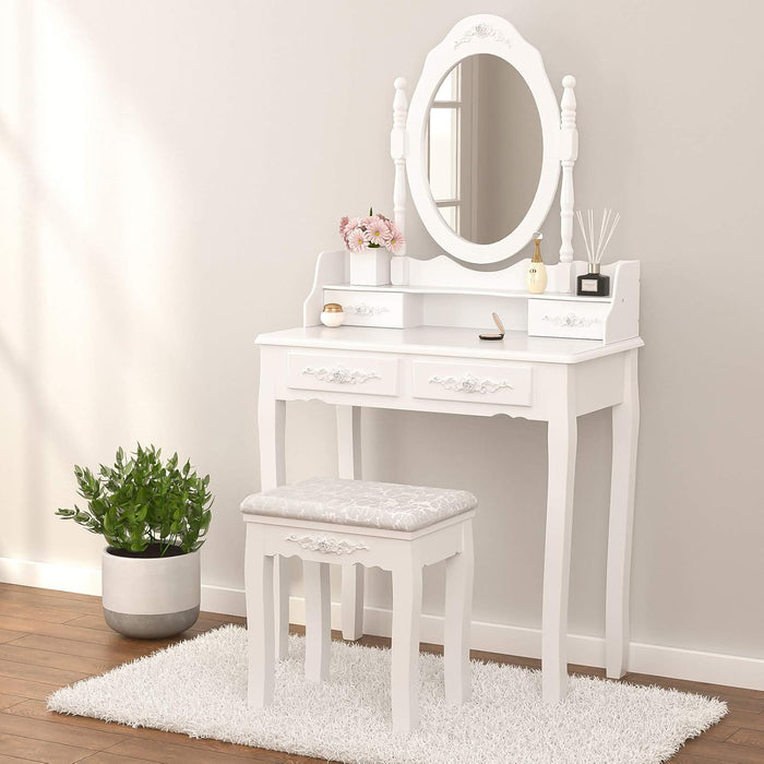 Vanity Table Set with 4 Drawer,Makeup Dressing Table W/Cushioned Stool,Girls Women Bedroom Furniture Set Oval Mirror White