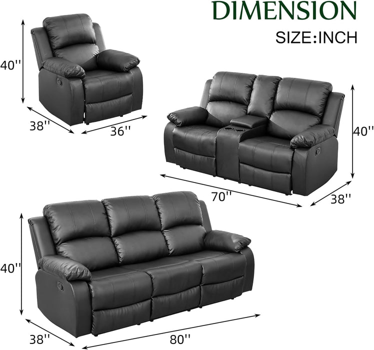 Leather Recliner Sofa Set，Leather Reclining Sofa Set for Living Room Furniture Sets，Black Recliner Couch Set for Living Room/Office/Theater Seating(Sofa Set 3 Pieces)
