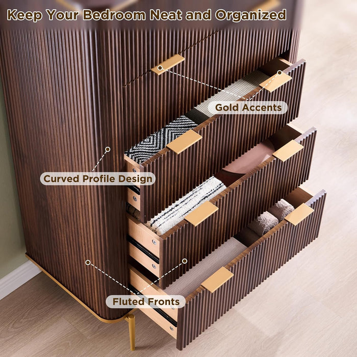 Fluted 5 Drawers Dresser for Bedroom, 48" Tall Modern Dresser Chest of Drawers, Gold Accents, Fluted Fronts, Wood Storage Dressers Organizer for Bedroom, Living Room, Dark Walnut